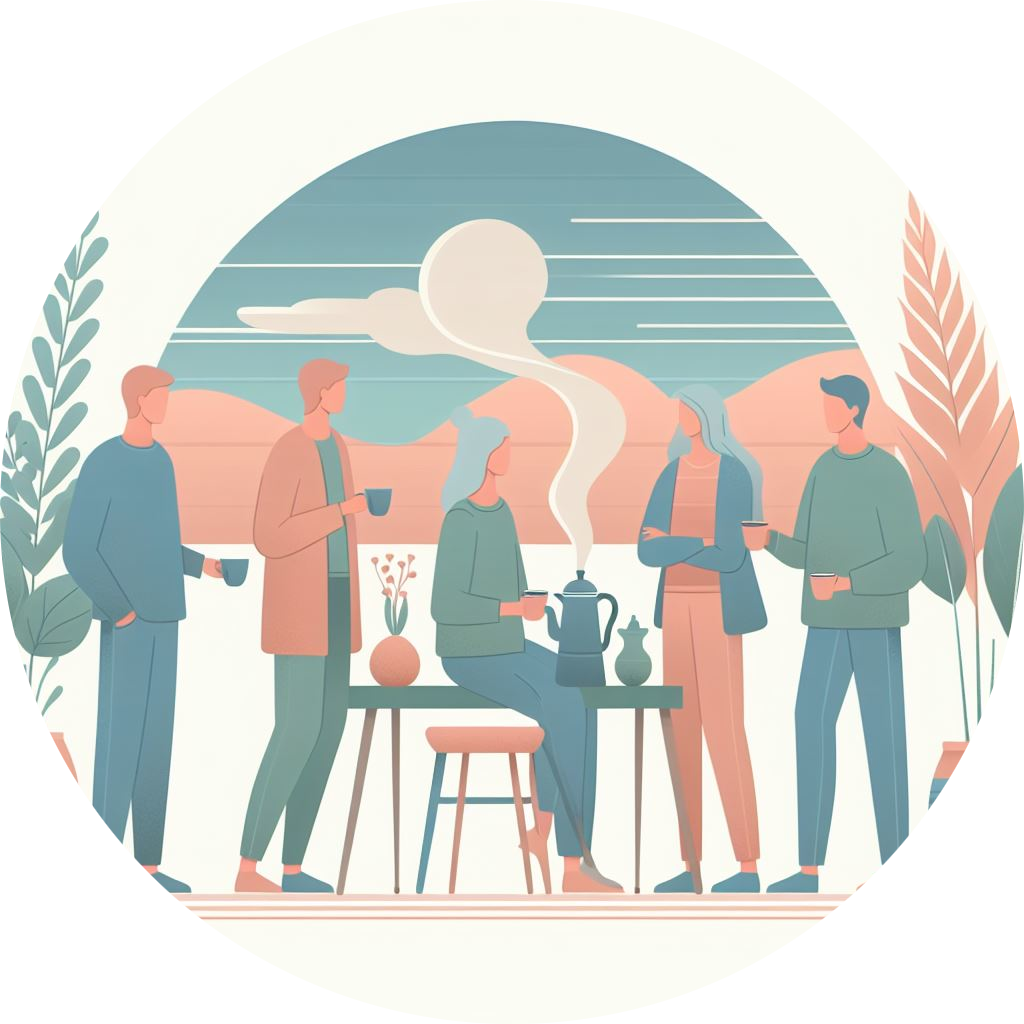 five people drinking coffee circle